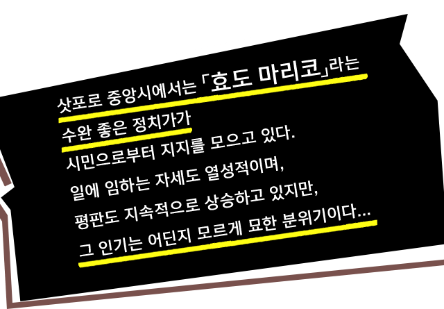 삿포로 중앙시에서는 「효도 마리코」라는 수완 좋은 정치가가 시민으로부터 지지를 모으고 있다. 일에 임하는 자세도 열성적이며, 평판도 지속적으로 상승하고 있지만, 그 인기는 어딘지 모르게 묘한 분위기이다...