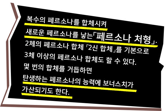 복수의 페르소나를 합체시켜 새로운 페르소나를 낳는「페르소나 처형」. 2체의 페르소나 합체 「2신 합체」를 기본으로 3체 이상의 페르소나 합체도 할 수 있다. 몇 번의 합체를 거듭하면 탄생하는 페르소나의 능력에 보너스치가 가산되기도 한다.