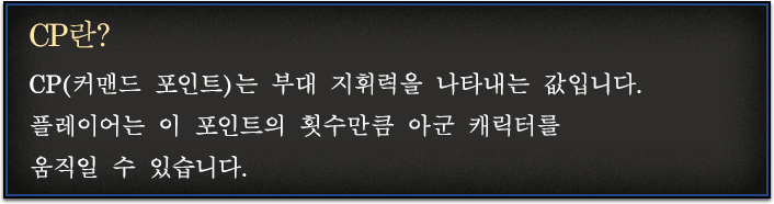 CP란? CP(커맨드 포인트)는 부대 지휘력을 나타내는 값입니다. 플레이어는 이 포인트의 횟수만큼 아군 캐릭터를 움직일 수 있습니다.